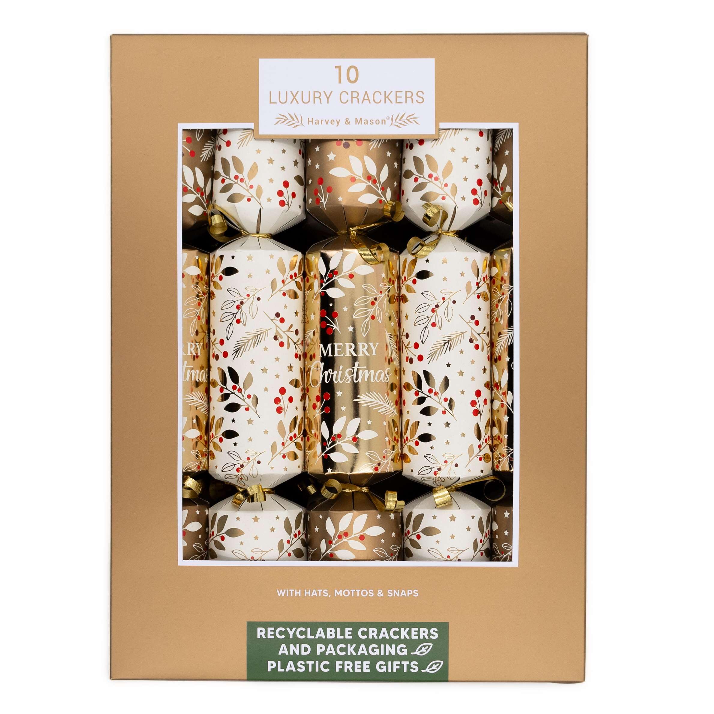 RSW Pack Of 10 Elegant Family Christmas Crackers Gold & Ivory Holly Berry Dinner Cracker 14 Inch