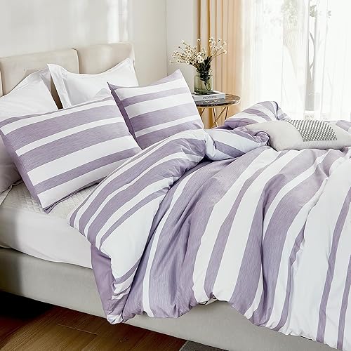 Miniatura 4 de Andency Juego de edredón Queen de 3 piezas a rayas, color morado y blanco, reversible, suave, ligero, para todas las estaciones, relleno alternativo