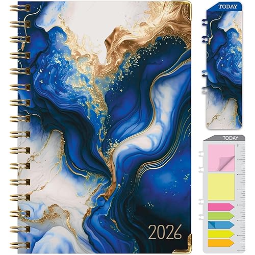 HARDCOVER 2026 Planner, 5.5"x8": 14 Months (November 2025 - December 2026), Daily Weekly Monthly Planner, Yearly Agenda, Bookmark, Pocket Folder and Sticky Note Set (Dark Blue Marble)