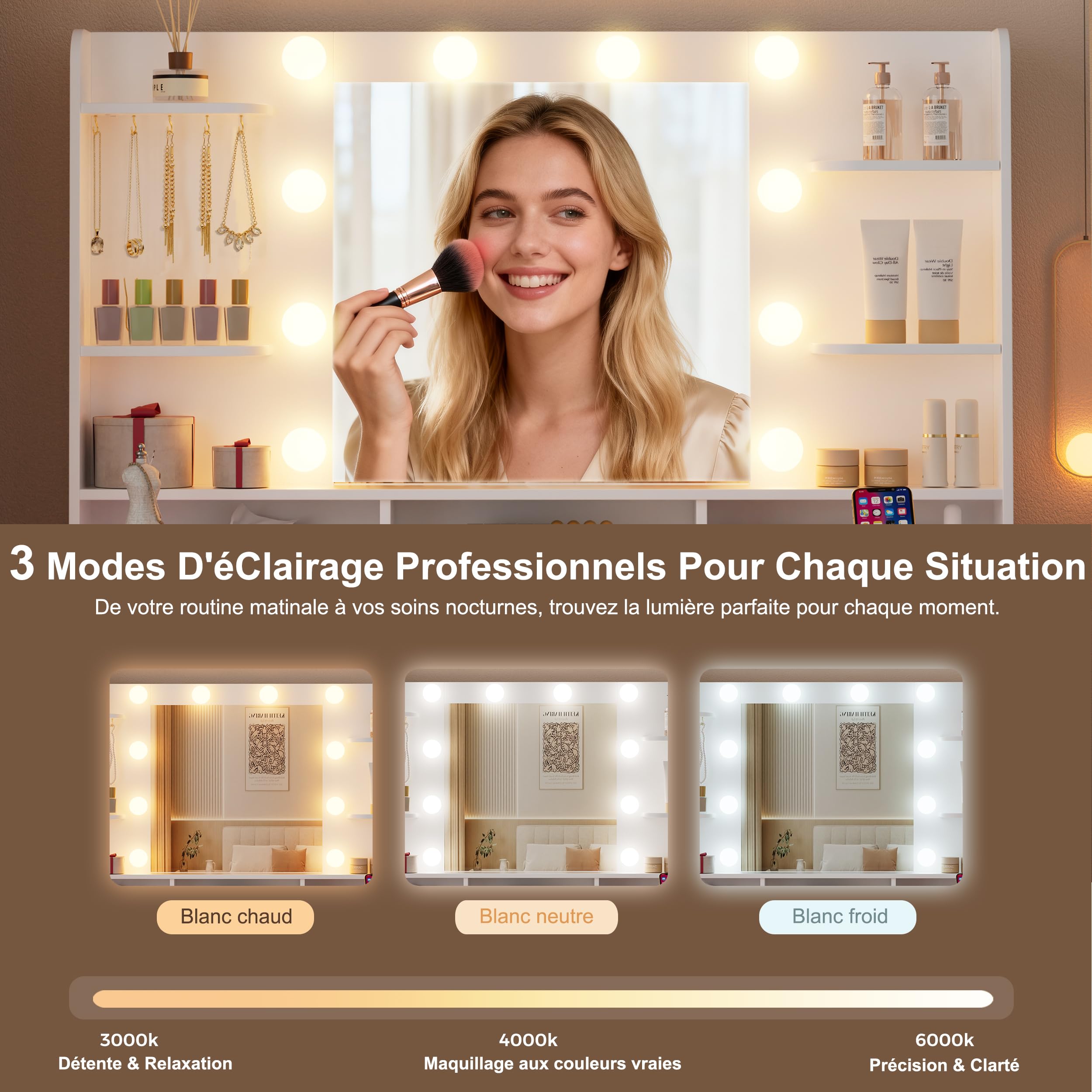 Coiffeuse Lumineuse avec Miroir LED, Table de Maquillage Moderne, Station de Chargement USB, Rangements Réglables, Plateau en Verre, Éclairage 3 Températures