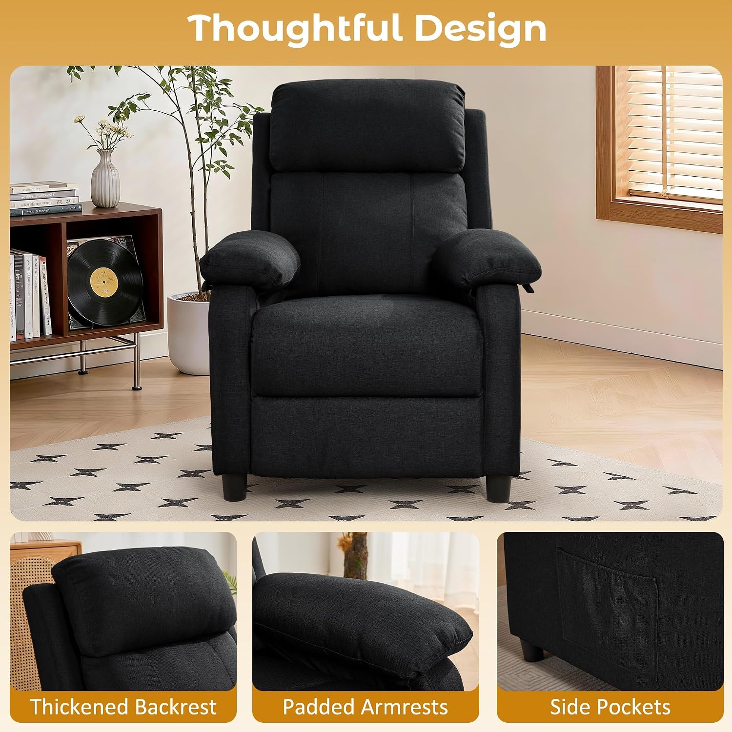 Korser Recliner Chair, Reading Chair for Adults with Side Pockets, Recliners with Padded Deep Seat, Small Recliners for Small Spaces, Linen Fabric Comfy Chair for Bedroom, Living Room, and RV thumbnail