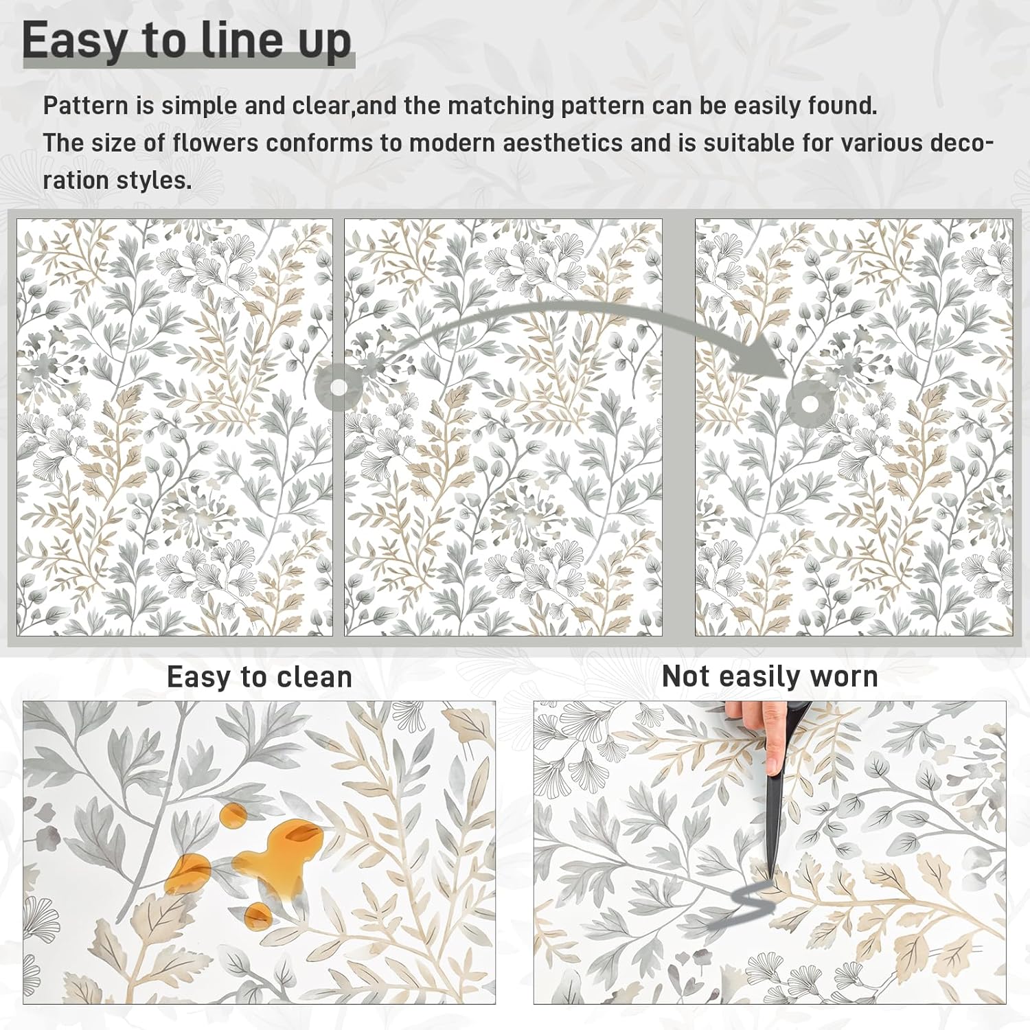 Rugreat Vintage Leaf Peel and Stick Wallpaper Boho Gray/Brown Contact Paper for Cabinets Self-Adhesive Removable Wallpaper for Bedroom Decor Botanical Contact Paper Bathroom Waterproof 393inL17.3inW