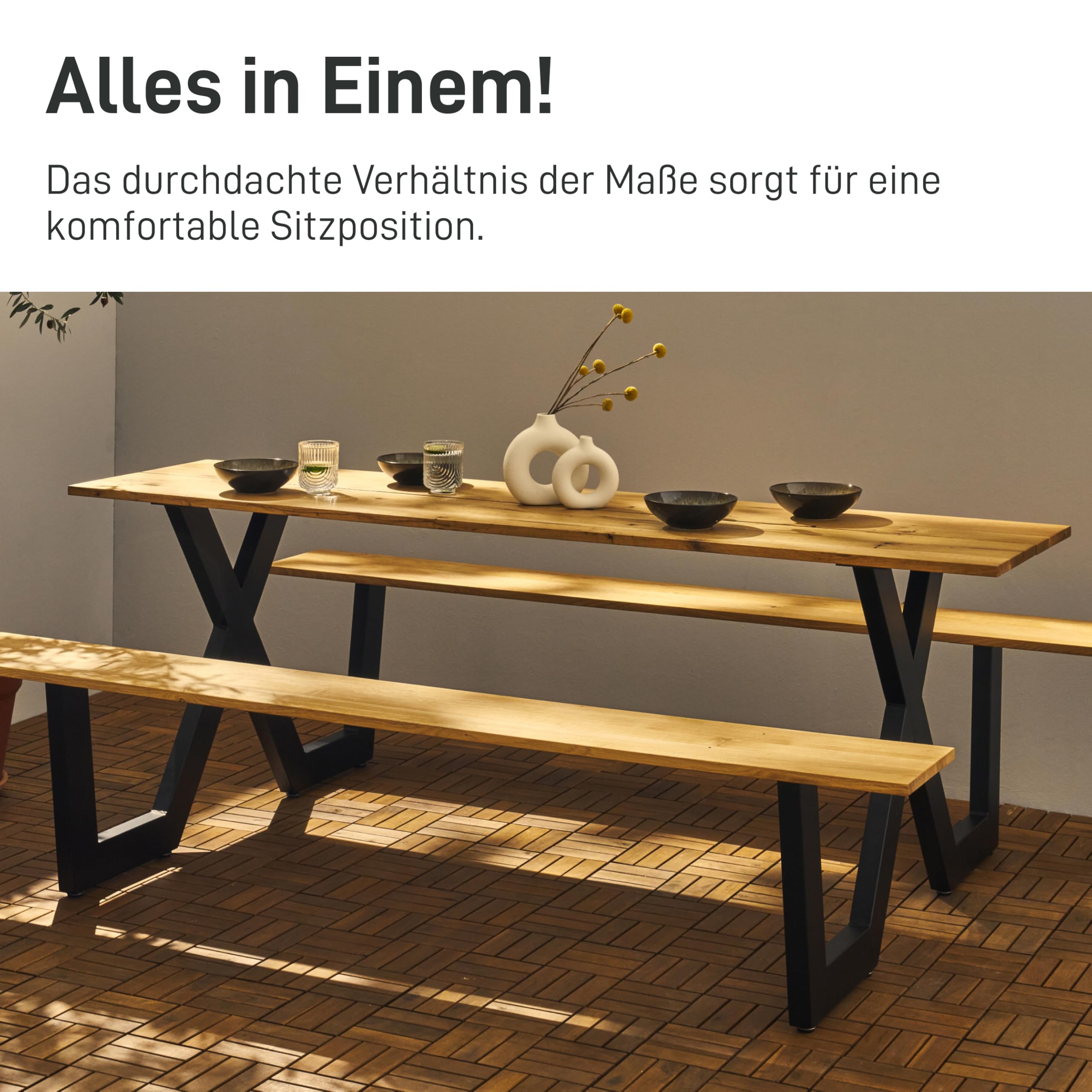 Natural Goods Berlin Sitzgruppe X-Form - DIY Bierzeltgarnitur 2X Tischbeine Metall Schwarz mit Bank - Picknicktisch Sitzgarnitur Outdoor - Tischkufen Bank mit Tisch - Stahl Tischfüße 138 cm x 70 cm