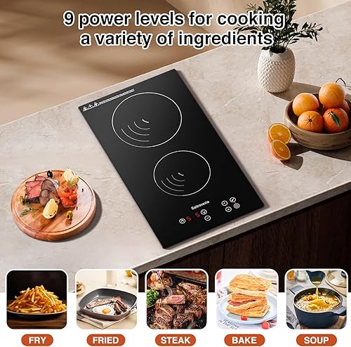 Miniatura 3 de Placa de cocción de doble inducción, quemador de encimera de 12 pulgadas y estufa de inducción incorporada de vidrio de cerámica, cerradura para