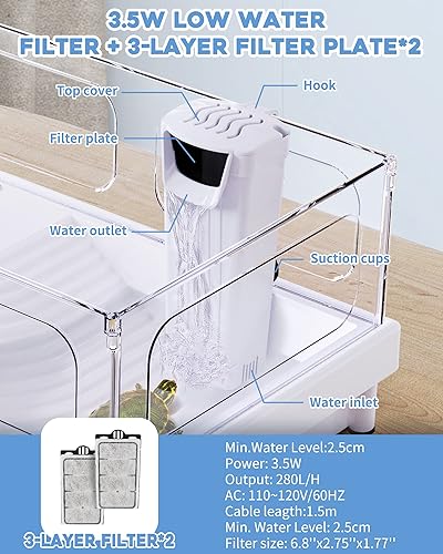 Miniatura 2 de Moonorange Filtro de acuario de 35 W y 280 LH filtro de tanque de tortuga filtro de cascada de bajo nivel para reptiles peceras con 2 cartuchos de
