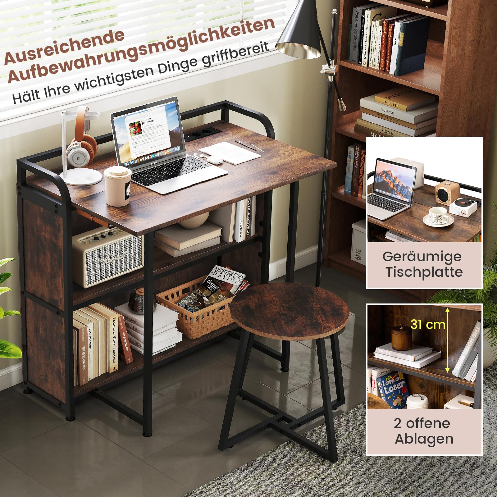 COSTWAY Schreibtisch klappbar mit Steckdose, Klapptisch mit Hocker, Computertisch mit Regalen & Metallrahmen, platzsparender Bürotisch, Klappschreibtisch für Zuhause, Büro, 90 x 55 x 83 cm (Braun)