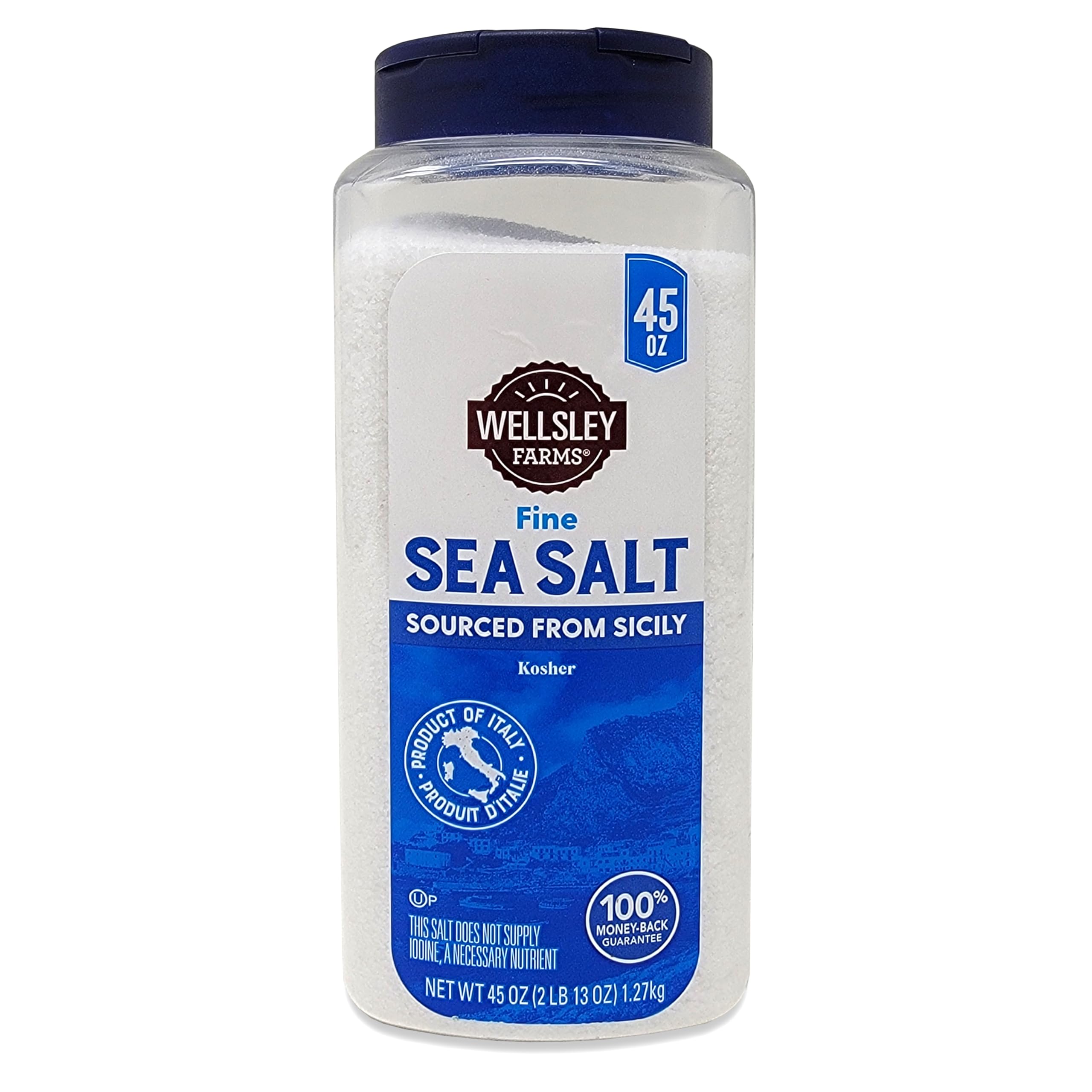 Wellsley Farms Sea Salt from Italy – Kosher, Premium, Hand-Harvested Natural Sicilian Mediterranean Sea Salt in a Versatile 4 Way Culinary Shaker 45