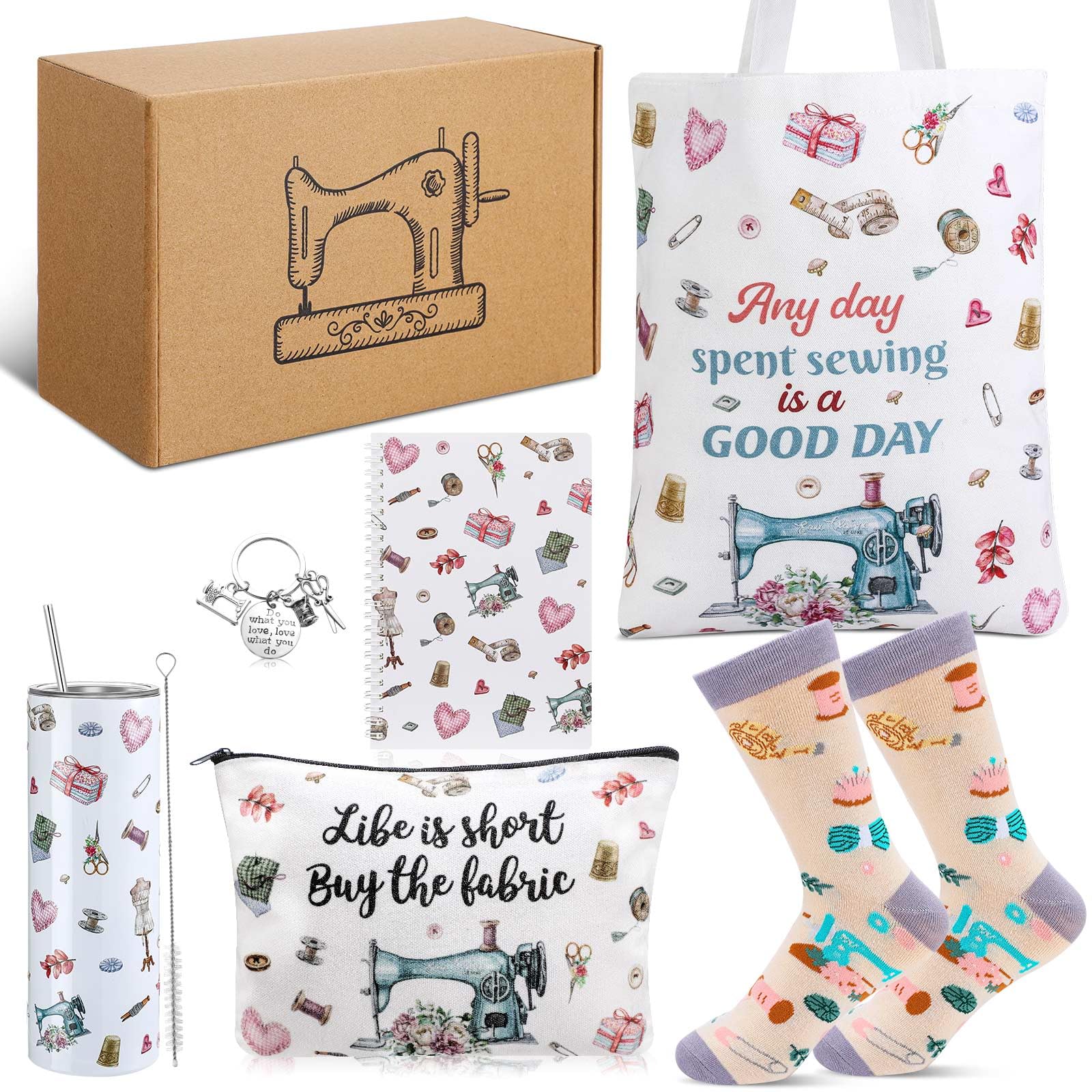 Dansydaisy 6 piezas de regalos de costura rosa con vaso de 20 onzas, taza de acero inoxidable, bolsa de cosméticos, calcetines, llavero, cuaderno de bobina, regalos divertidos de costura para mujeres