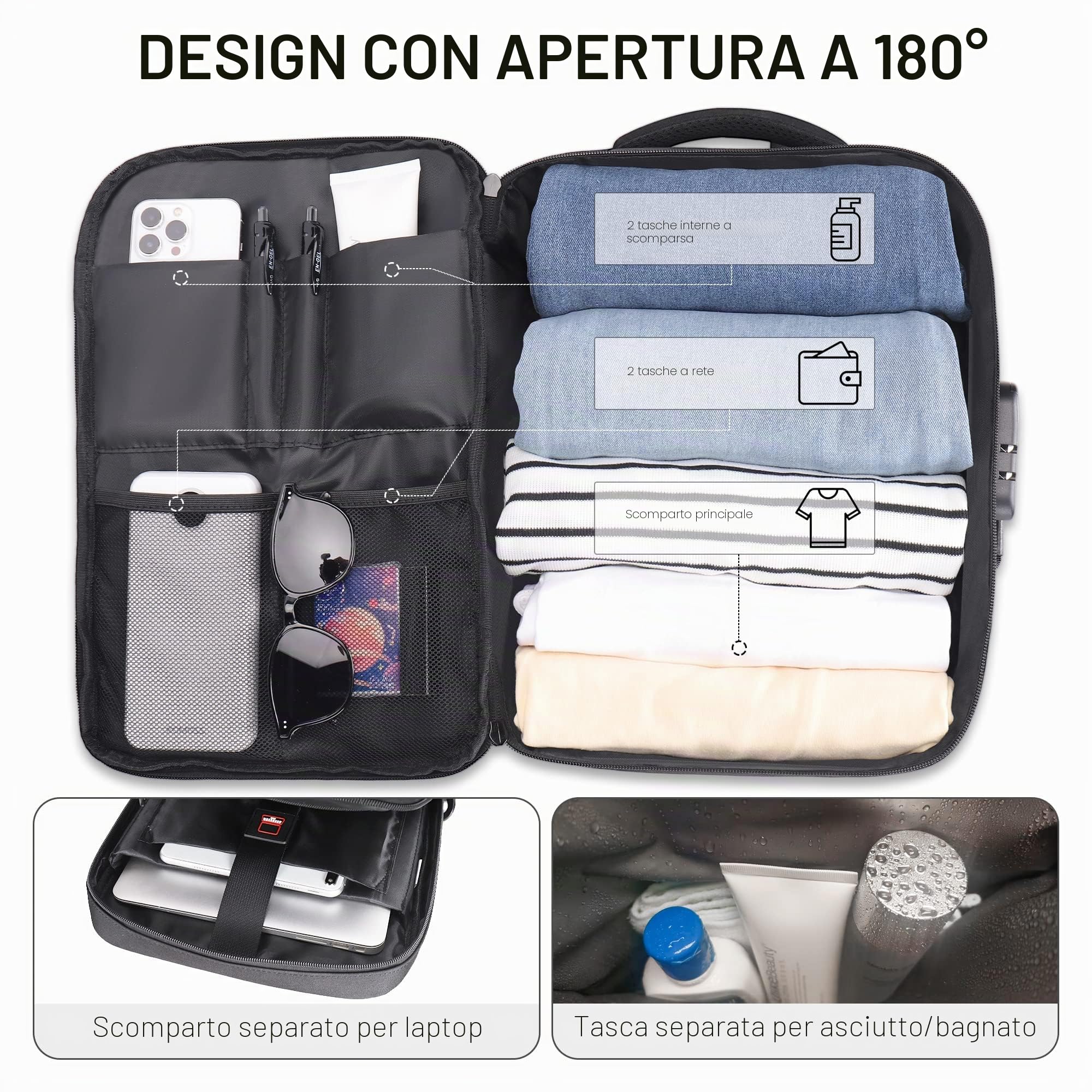 Zaino da Viaggio Ryanair 40x20x25 Bagaglio a Mano con Scomparto per porta pc Antifurto con Serratura Codificata 20L YG063 Grigio