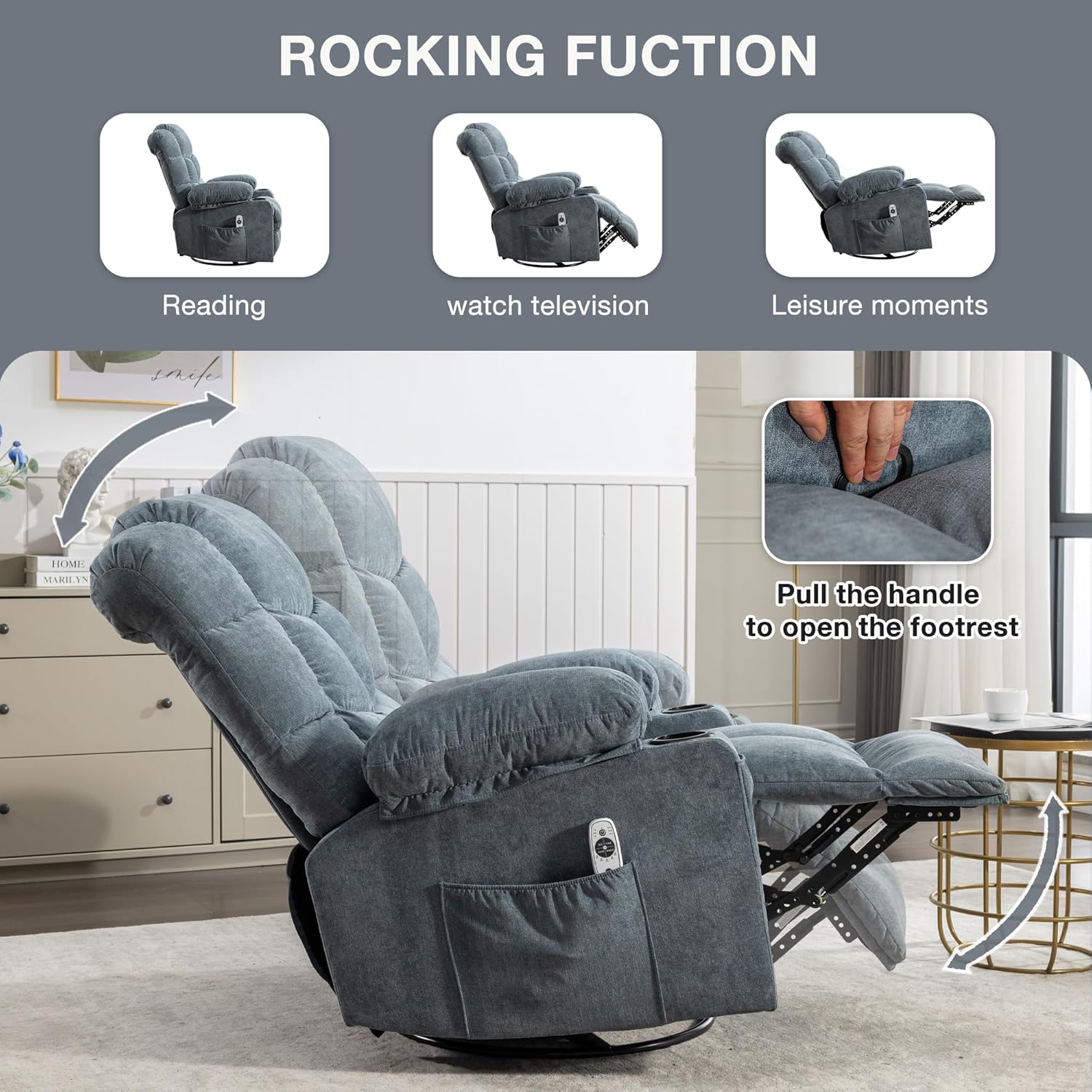 Luxurious Oversized Recliner Chair for Adults with Heat Massage, Rocking Motion, USB Charge Port & 2 Cup Holders, Manual Massage Comfort Retreat