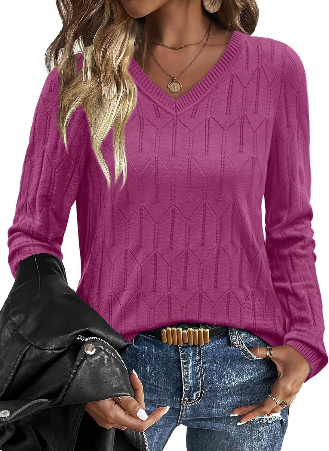 OFEEFAN Womens Sweaters Long Sleeve Shirts Fall Outfits 2026 V Neck Soft Knit Pullover Trendy Tops Dressy Casual Blouses
