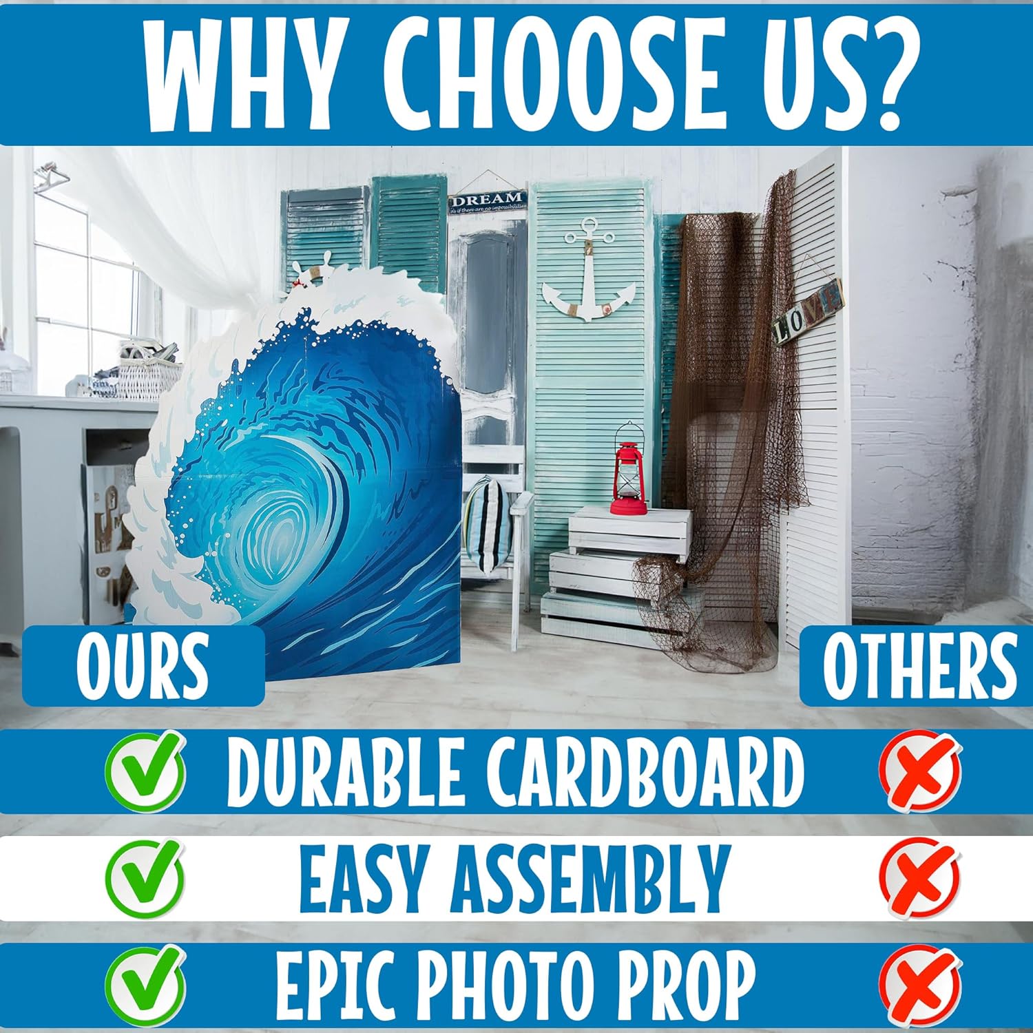 Fun Express Beach Party Decorations Surf Wave Cardboard Standup 5 Feet - Tropical Backdrop for Ocean Theme Party Decor | Beach Birthday Decorations for Indoor Outdoor Use | Summer Photo Booth Props