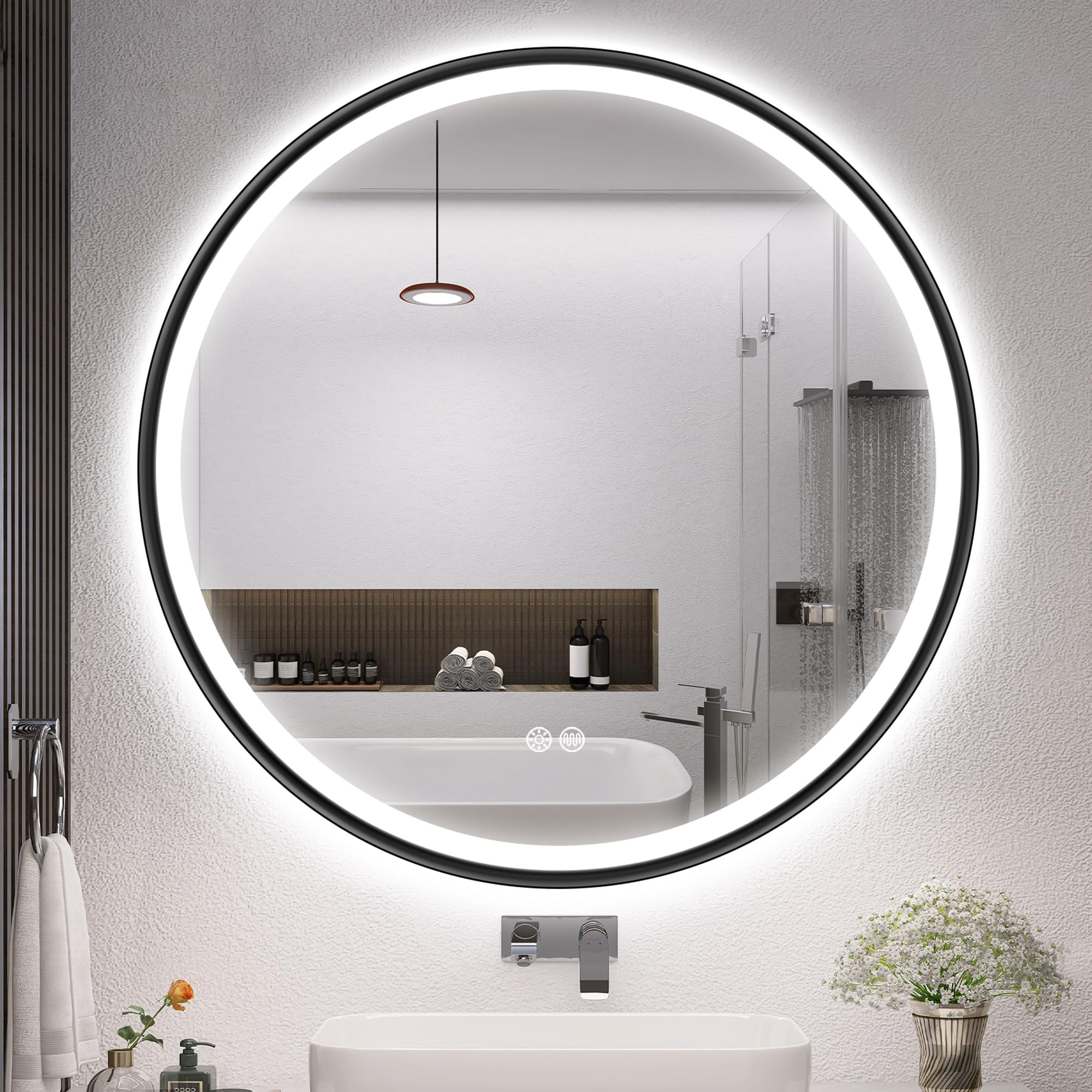 S'bagno Round Bathroom Mirror with Lights 800mm, Illuminated LED Mirror Bathroom with Aluminum Frame, Anti-Fog, 3000-6500K, HD Tempered Glass, IP44 Waterproof, Memory, Black