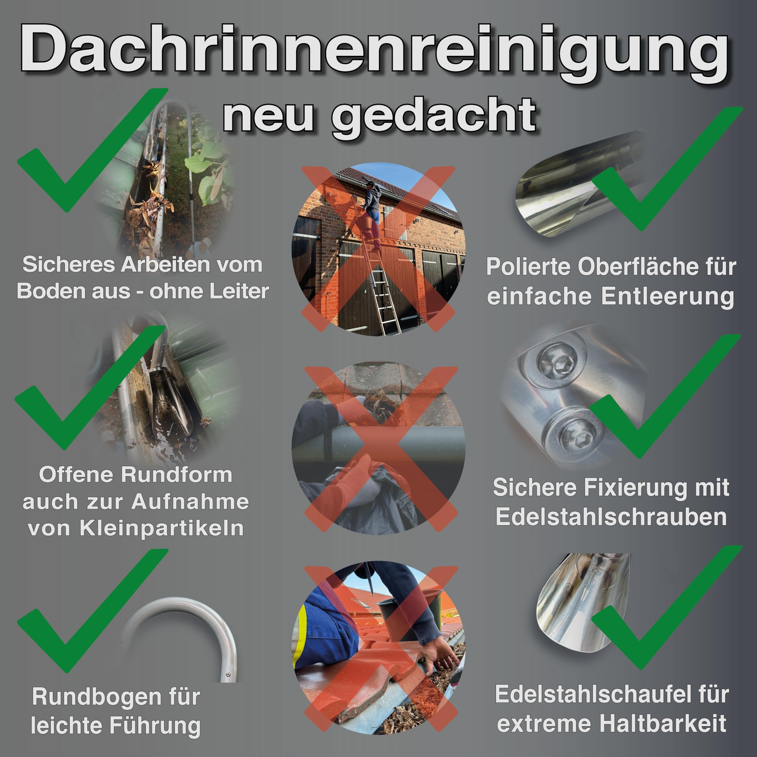 FenWi 6m Teleskop Dachrinnenreiniger Set mit Alu Teleskopstange | Edelstahl Dachrinnenschlitten und Dachrinnenbürste zur Reinigung der Dachrinne ohne Leiter oder Gerüst
