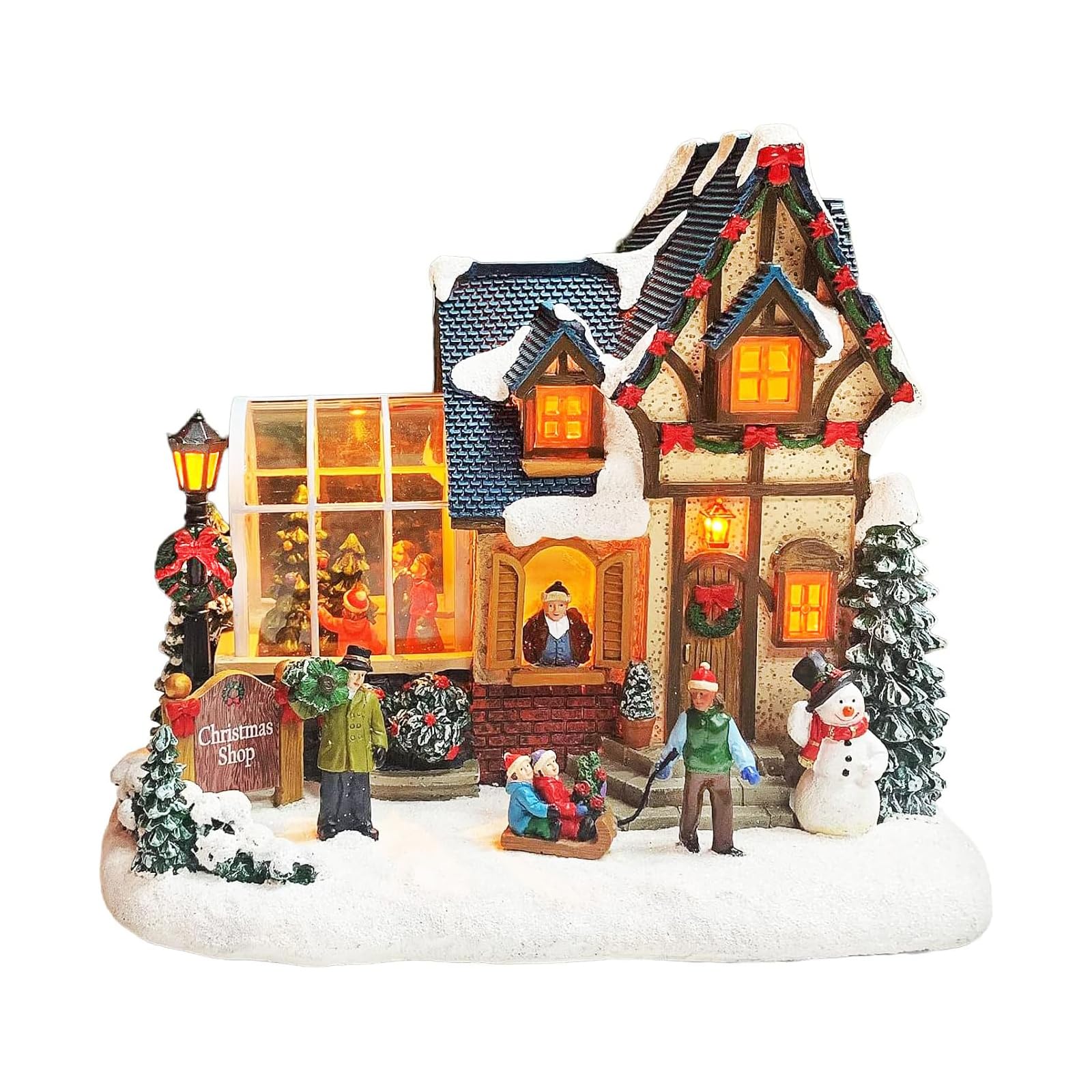 MOMENTS IN TIME Christmas Village Building Lighted Christmas Shop with LED Lights, Music & Snowman Battery Operated or Plug-in Vintage Holiday Village House Décor 8.5”H x 9.8”W x 6.9”D