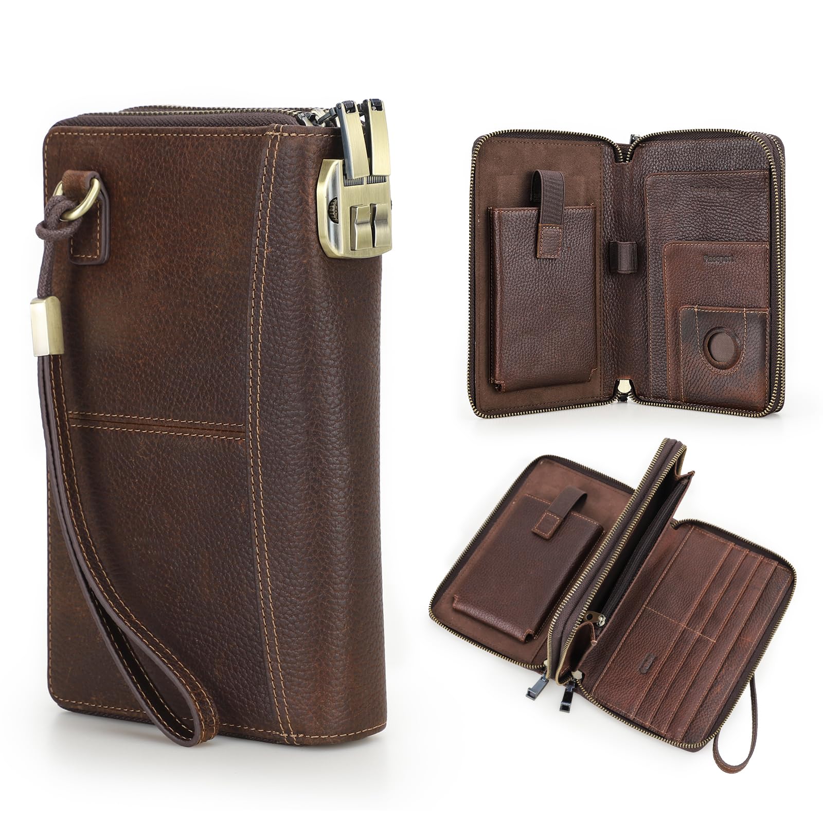 Carta de viaje para hombre de piel auténtica con correa de mano, bloqueo RFID para pasaporte, gran capacidad, bolso de mano para teléfono móvil