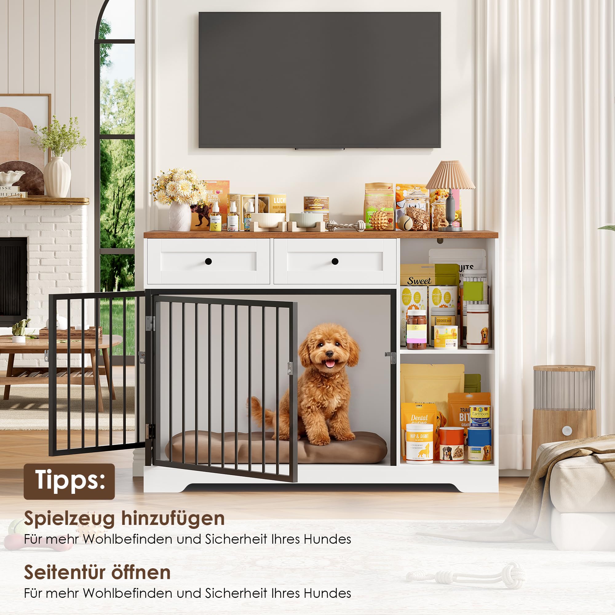 FirFurd Hundebox für kleine Hunde Hundekäfig Möbel mit Schubladen & 2 Türen | Hundebox für Zuhause, Hundekäfig aus Metall und Holz, Hundehütte Indoor, Hundehaus, Tierhaus, 120x87x60cm, Weiß & Braun