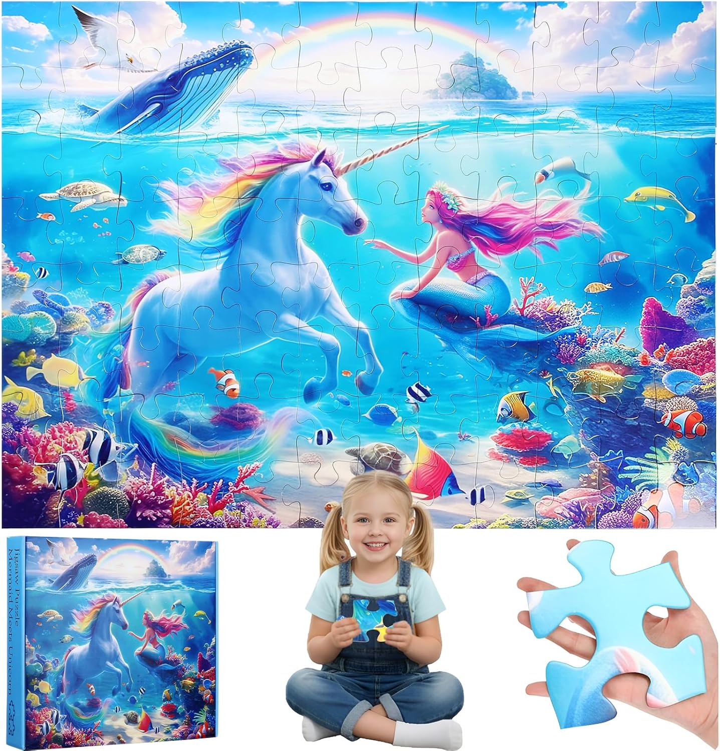 Soulchen 96 Piece 48 x 36 Inch Jumbo Mermaid Unicorn Floor Puzzles for Kids Ages 4-8, 4 x 3 FT Large Mermaid Jigsaw Puzzle for Toddlers Children Learning Preschool Educational Toys Birthday Gifts