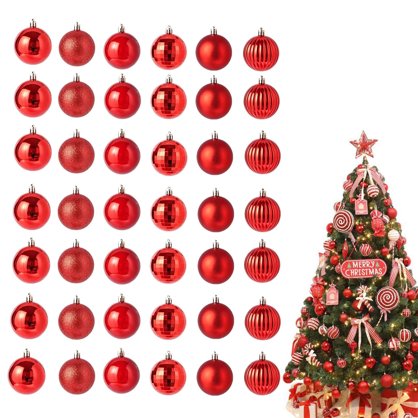 42 Pcs Red Christmas Baubles, Xmas Tree baubles with Hanging Strings (3cm)