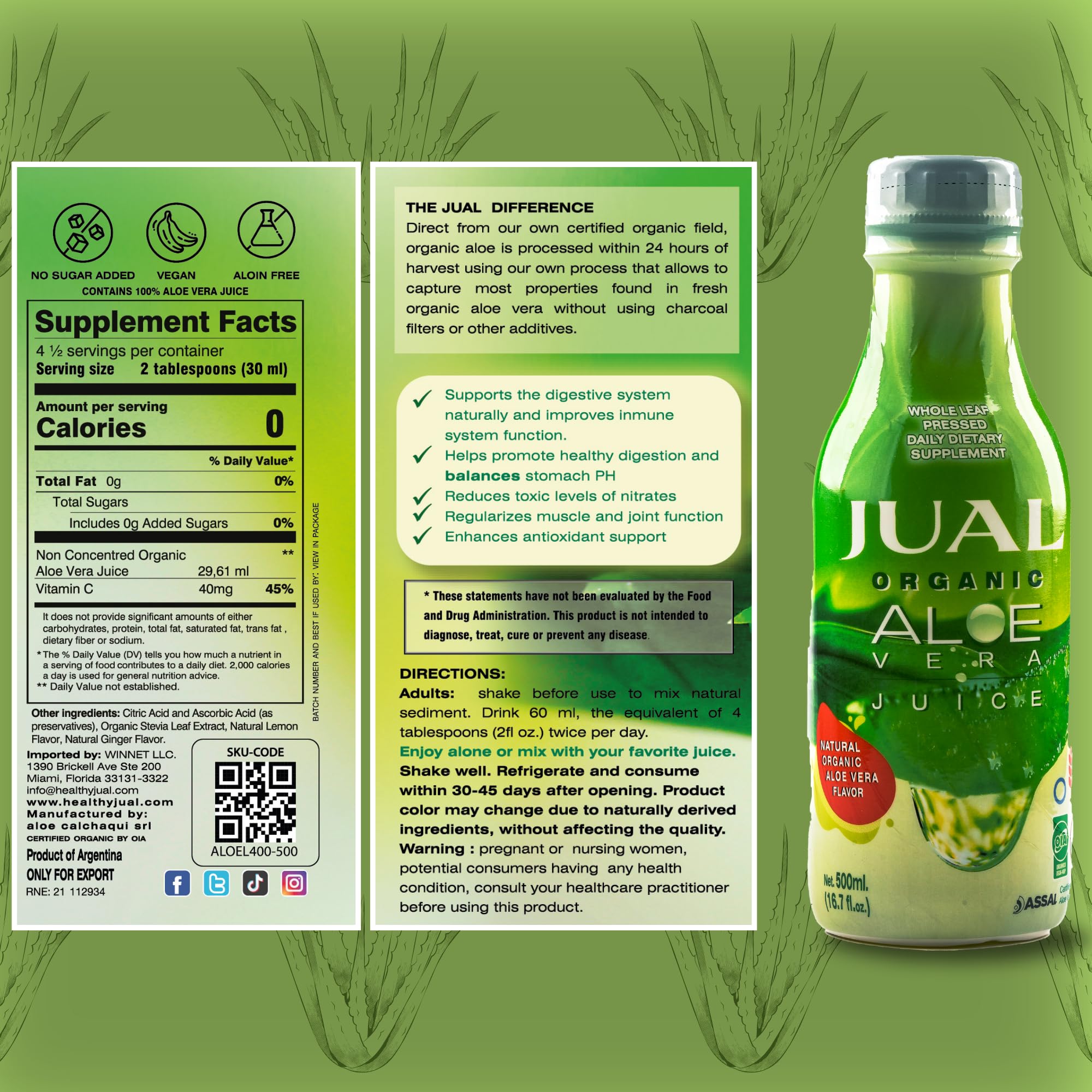 Amazon.com : JUAL 100% Pure Organic Aloe Vera Juice  Zero Sugar,  Aloin-Free  Natural Flavor  Vegan Detox Functional Beverage  16.7 Fl Oz  (500ml) : Health & Household