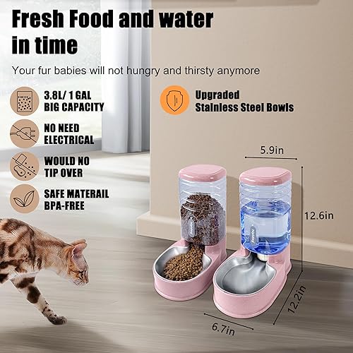Miniatura 2 de Comedero automático de acero inoxidable para mascotas pequeñas y medianas alimentador automático de alimentos y bebedero de acero inoxidable de 3.8