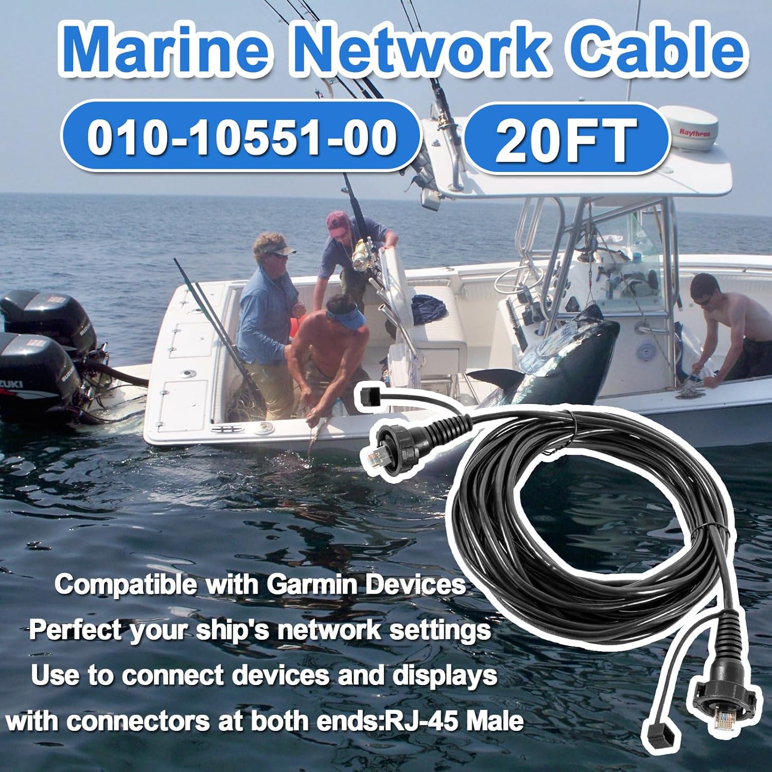 mooncar 20 Ft Marine Network Cable 010-10551-00 for Marine RJ45 Fit for Garmin Navigation Screen Devices with Split Connector and Waterproof Cap