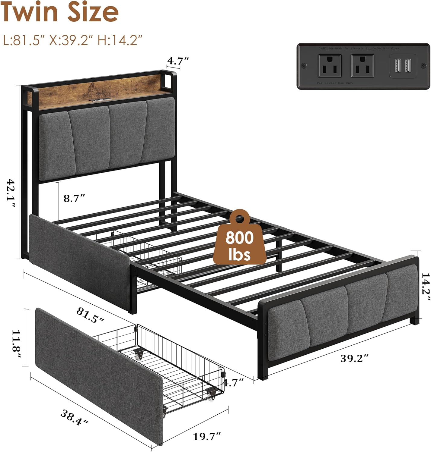 GarveeHome Twin Size Bed Frame with 2 Storage Headboard and Charging Station, Upholstered Platform Bedframe with Drawers, Heavy Duty, No Box Spring Needed, Easy Assembly, Noise Free, Grey