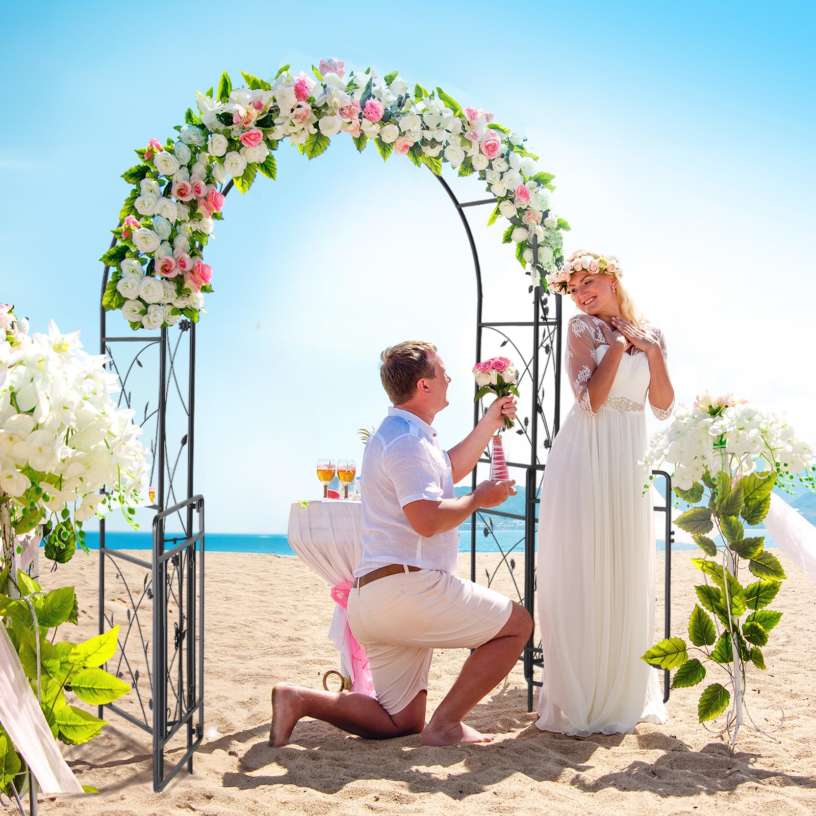 Arche Jardin Métal, Arche de Mariage - 135x58x212 cm - avec revêtement en Poudre, pour Plantes Grimpantes de Rose, Noir (avec Porte)