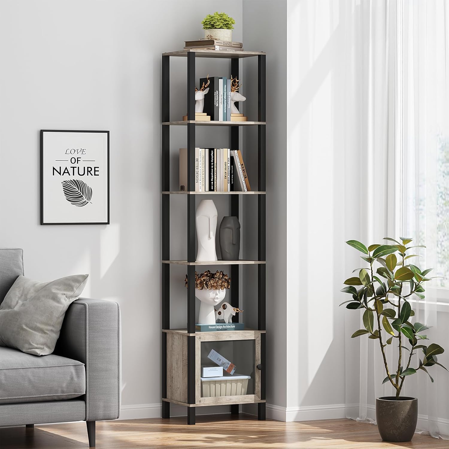 TUTOTAK 6 Tier Bookcase and Bookshelf, Narrow Book Shelf with Door for Small Space, for Living Room, Office, Study, Entryway, Greige BS03BG006