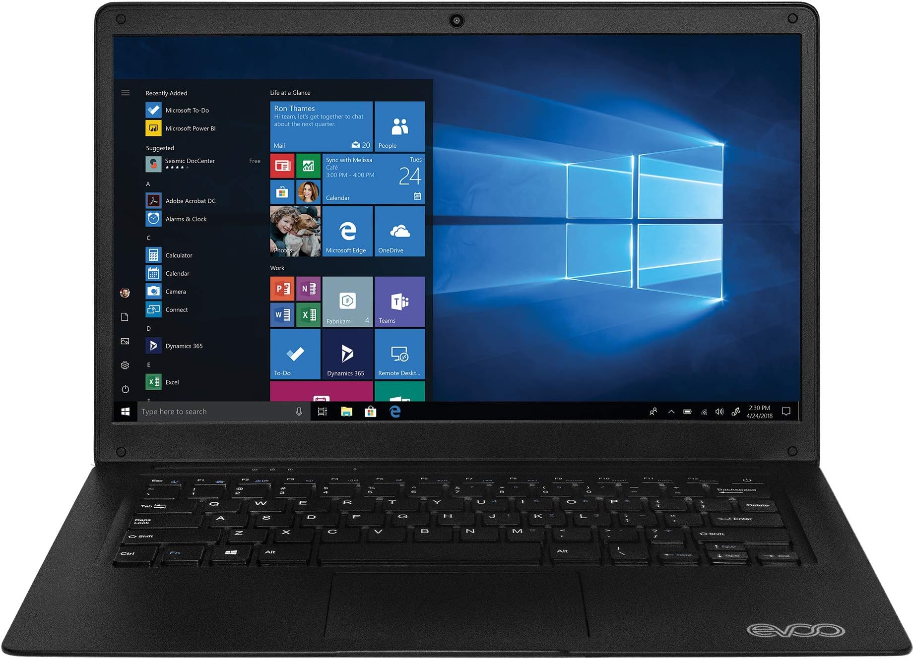 EVOO 14.1" Ultra Thin Laptop, Quad Core Processor, 2GB Memory, 32GB Storage, Mini HDMI, Front Camera, Windows 10 in S Mode, Black