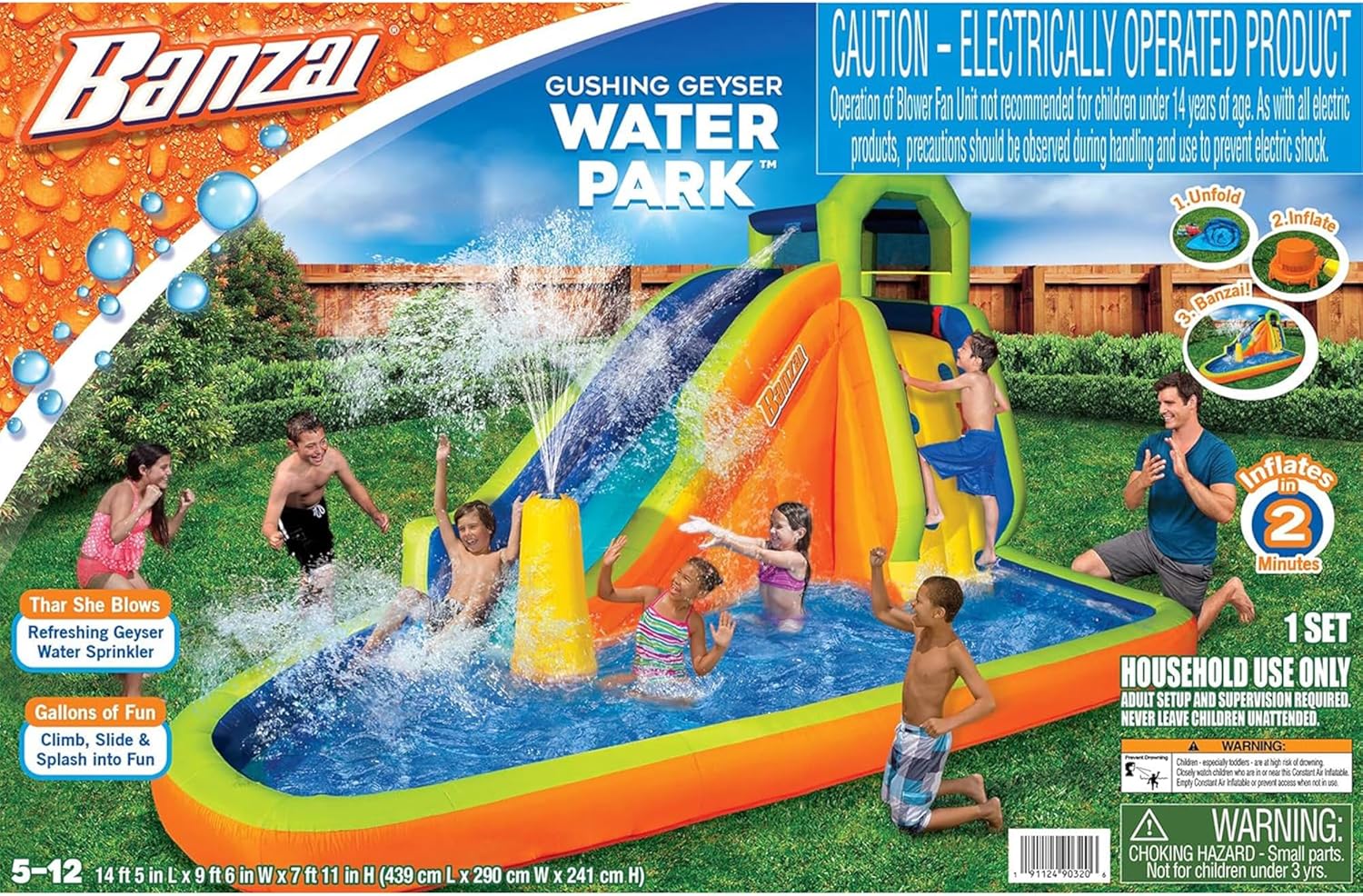 Banzai Gushing Geyser Water Spraying Inflatable Outdoor Water Park with Water Slide, Overhead Sprinkler, Spraying Hose, and Splash Pool, Multicolor
