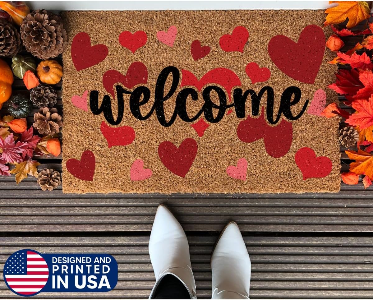 Daphne's Curations Welcome Hearts Doormat 24"x36" – Cute Coir Entry Mat with Heart Print for Porch, Patio & Front Door