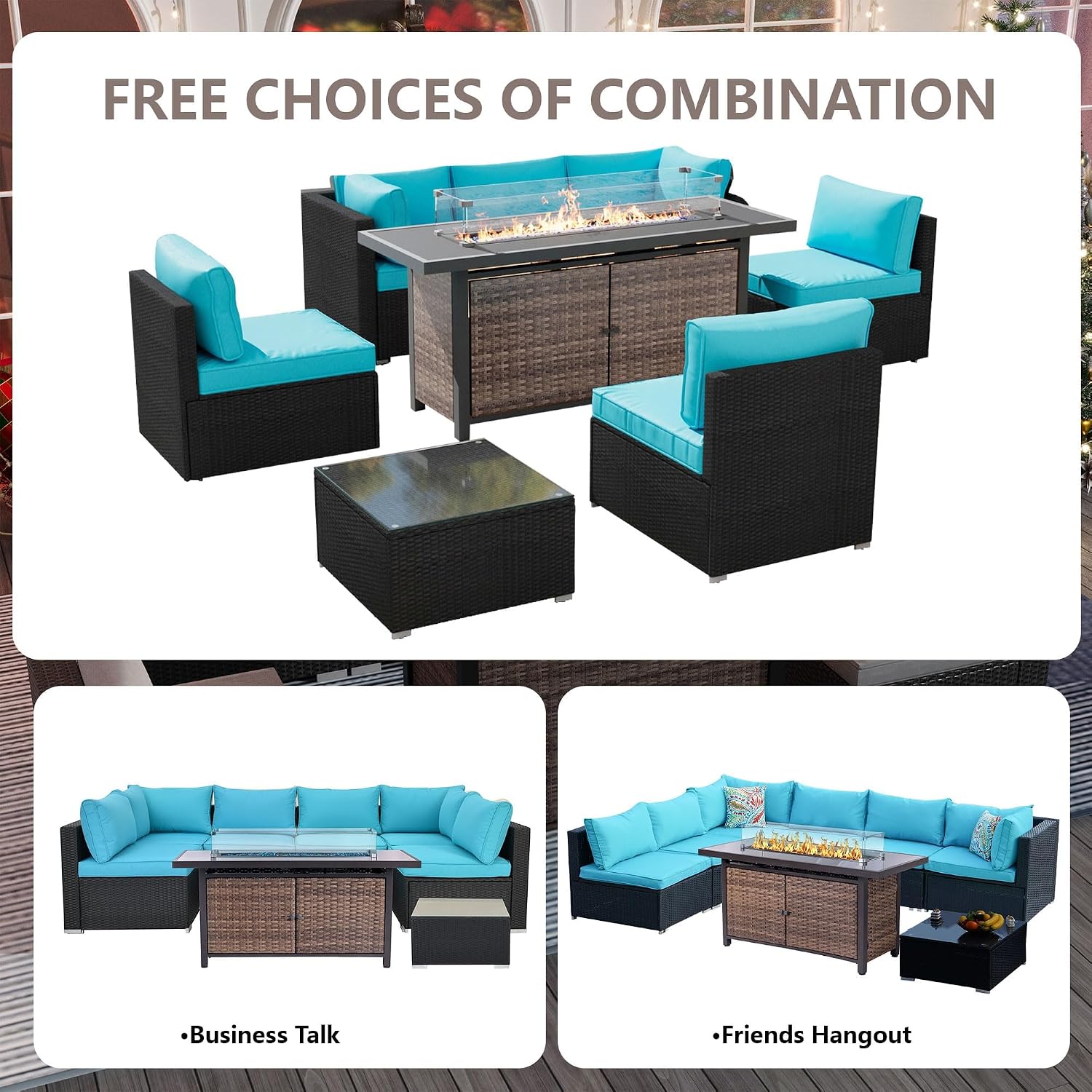 25-Pc Patio Furniture Set - 7 Piece Outdoor Rattan Sofa Set with 57" Fire Table and 17 Accessories, Modular Sofa Set for Garden/Poolside, Blue/Black