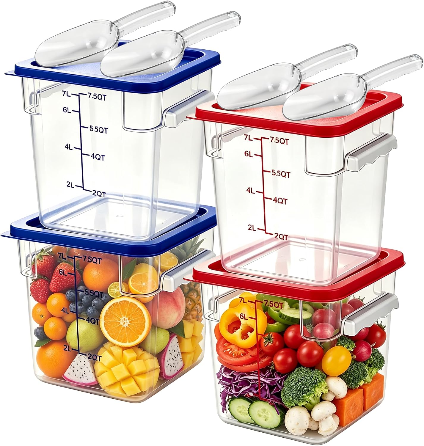 4 Pack 8 Qt Square Food Storage Containers with Lids, Commercial Food Storage Containers with Scale Markings and Handles, Stackable for Brining, Freezer, Fermentation, Storage(Red, Blue)