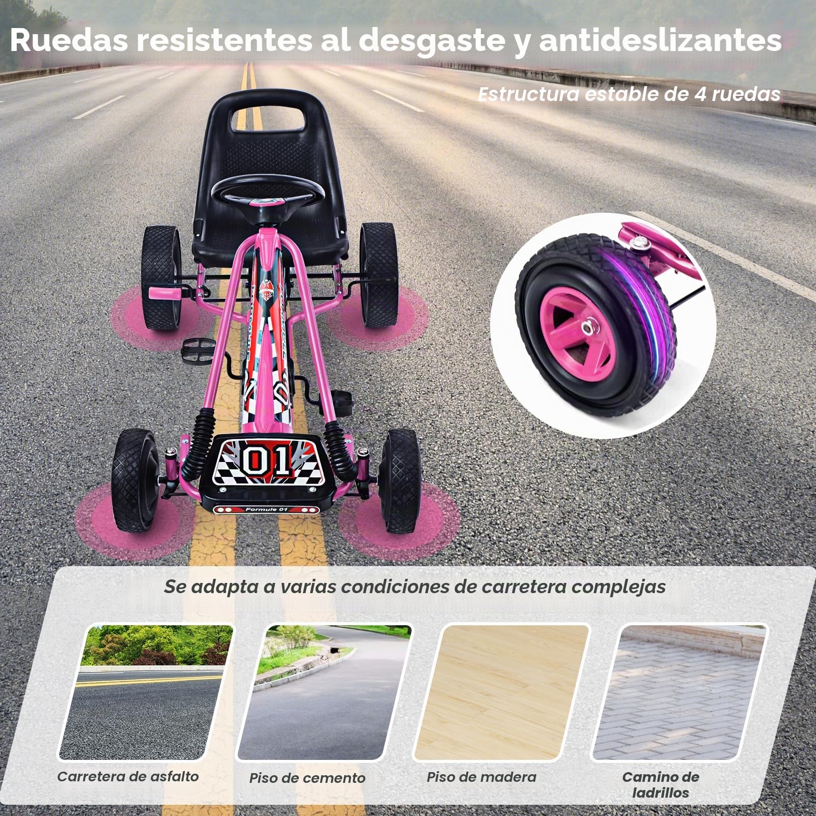 GOPLUS Kart con Pedal Infantil, Asiento Ajustable, Avanzar y Retroceder, con Embrague y Freno, Pedales Antideslizantes, 4 Ruedas, Bicicletas y Vehículos para Niños de 3-8 Años (Rosa)
