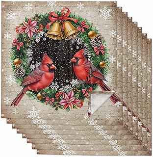 2Pcs Cardinal Christmas Dinner Napkins Rings Bells Snowflakes Winter Wooden Board Cloth Napkins 20 x 20 Inch Reusable Washable Soft Napkin Guest Hand Towel for Cocktail, Party, Dinner Table Supplies