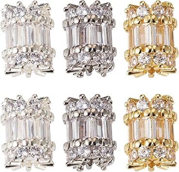Craftdady 6Pcs Cubic Zirconia Spacer Beads Tibetan Style Rhinestone Brass Tube Column Beads CZ Stone Crystal Bead 8x10.5mm for DIY Bracelet Necklace Jewelry Making Supplies, 3 Colors