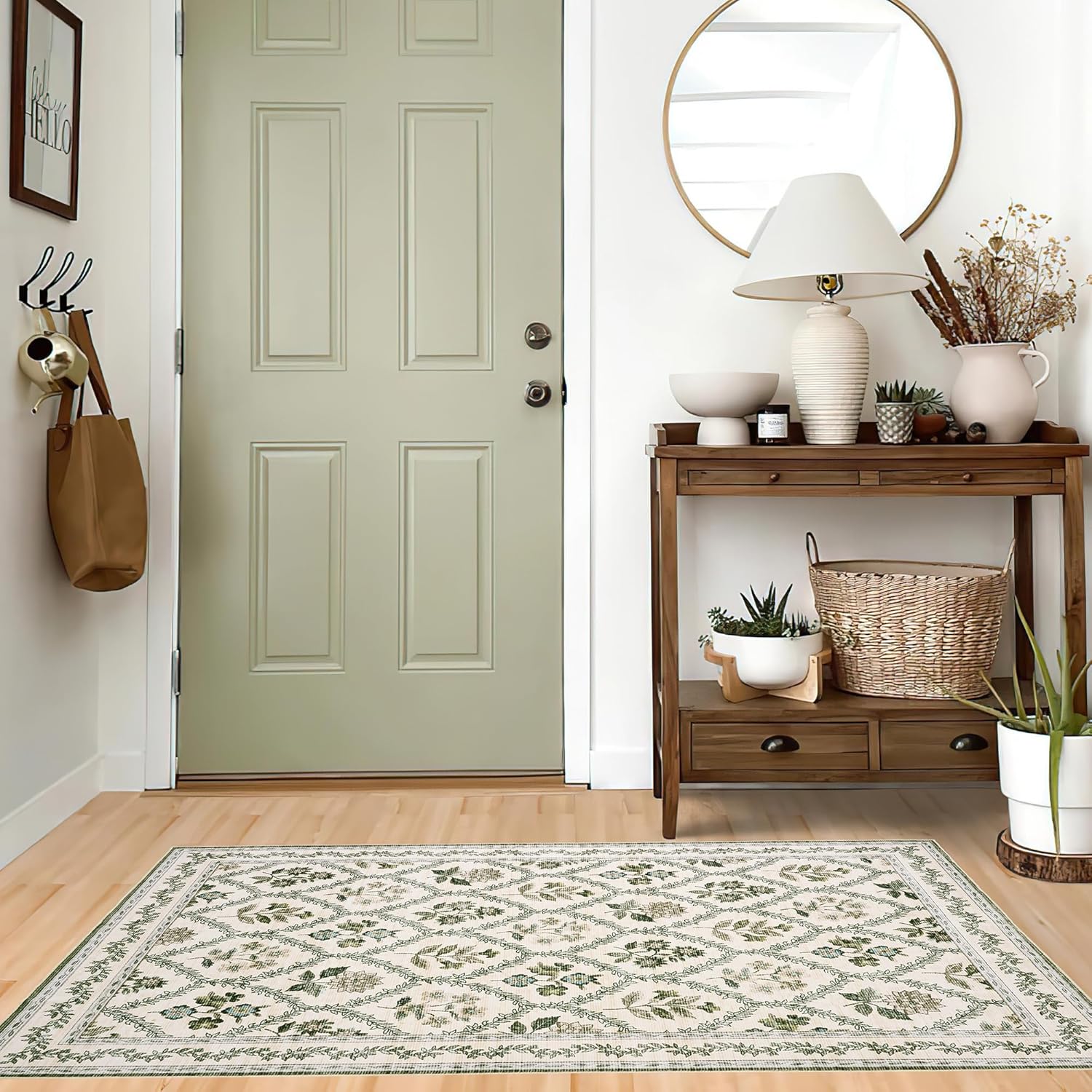 Green Kitchen Rugs 3x5 Olive Dark Green and Beige Cream