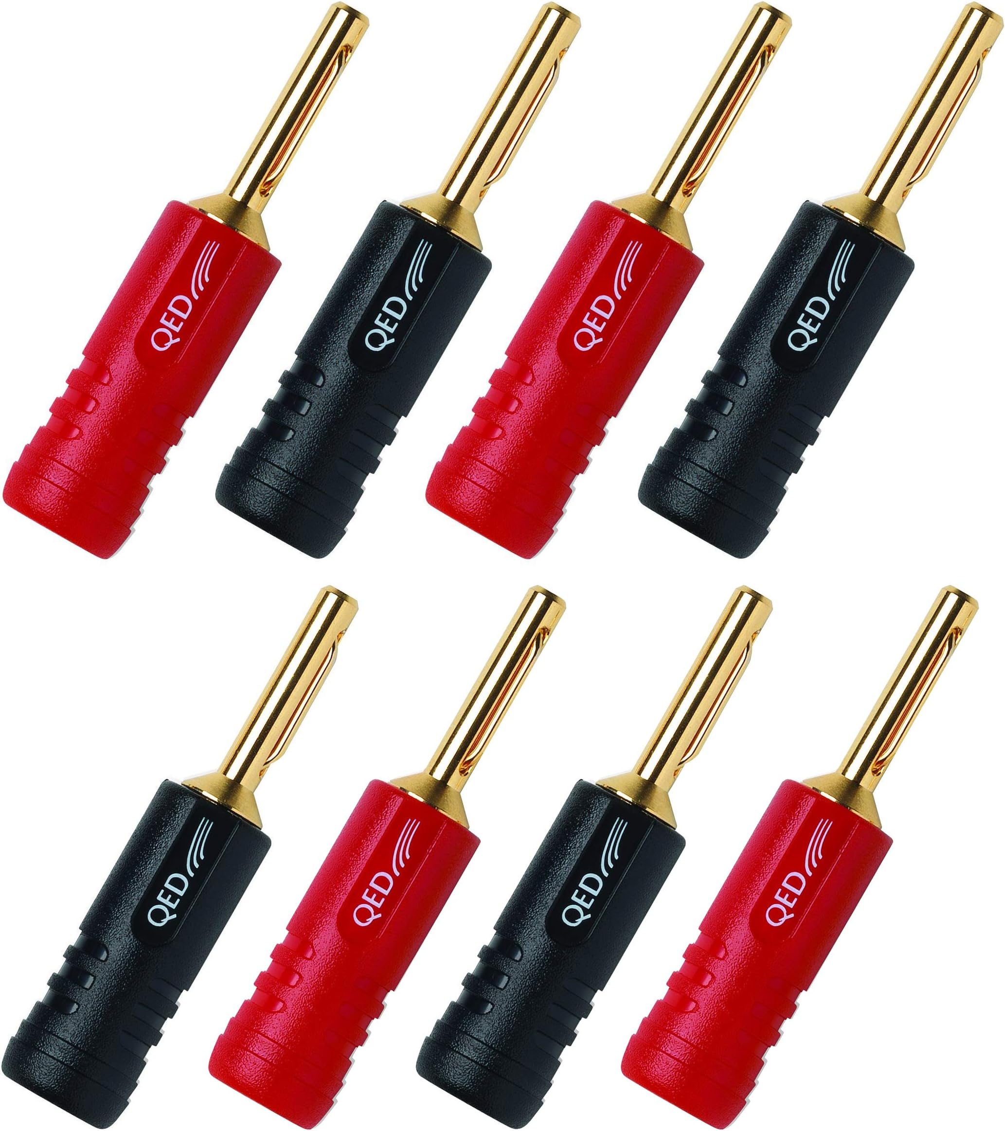 8 QED Screwloc Forte Gold Plated 4mm Banana Plugs for Speakers and Amplifiers (4 Red 4 Black)