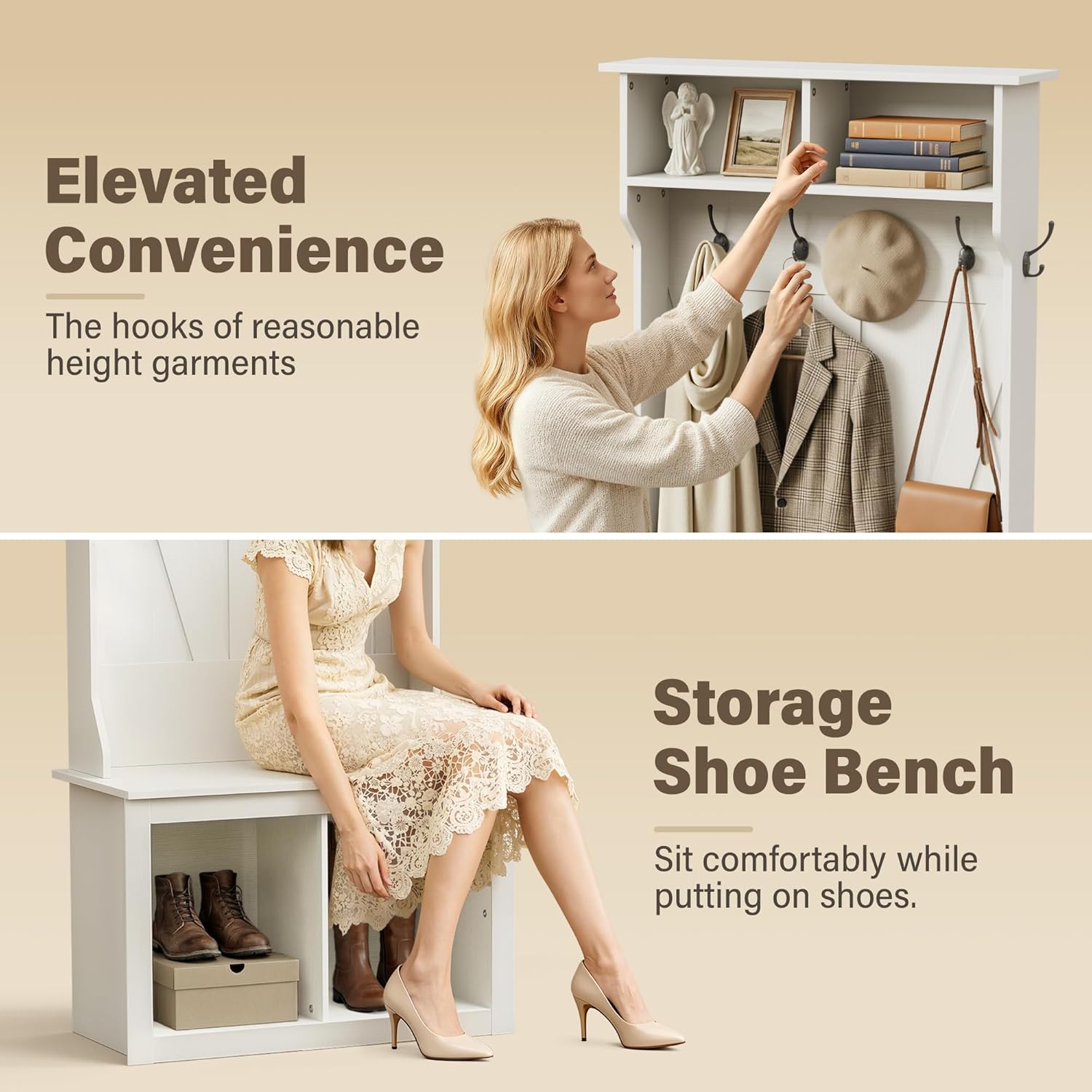 YESHOMY 75" Farmhouse Hall Tree with Bench & Shoe Storage, Entryway Storage Organizer with Coat Rack, 4 Cubbies, 6 Hooks & Detachable Top Cubby for Living Room & Mudroom, White