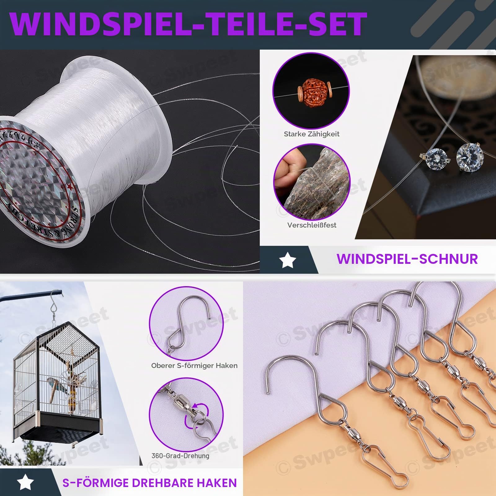 Swpeet 61-teiliges Windspiel-Röhren- und Draht-Set mit drehbaren Haken, DIY-Handwerk, hängende Windspiele