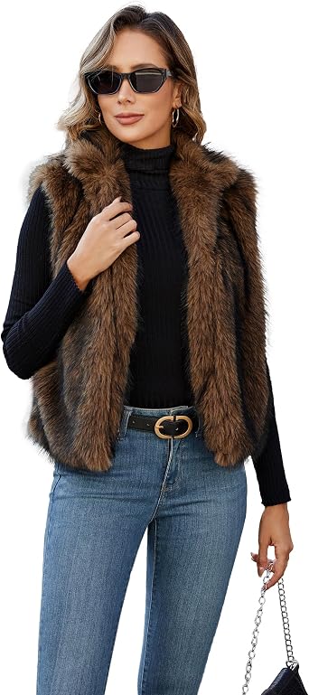 Womens Faux Fur Vest Stand Collar Sleeveless Open Front Cardigan Top | Fuzzy Coats Jacket Fluffy Outwear Vest with Pockets
