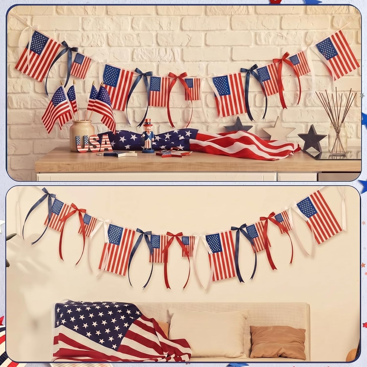 SiliFine 4th of July Garland for Mantle 11FT American Flag Banner Red White Blue Bow Patriotic 250th Anniversary Independence Day Banner of America Decorations for Fireplace Wall Party Supply