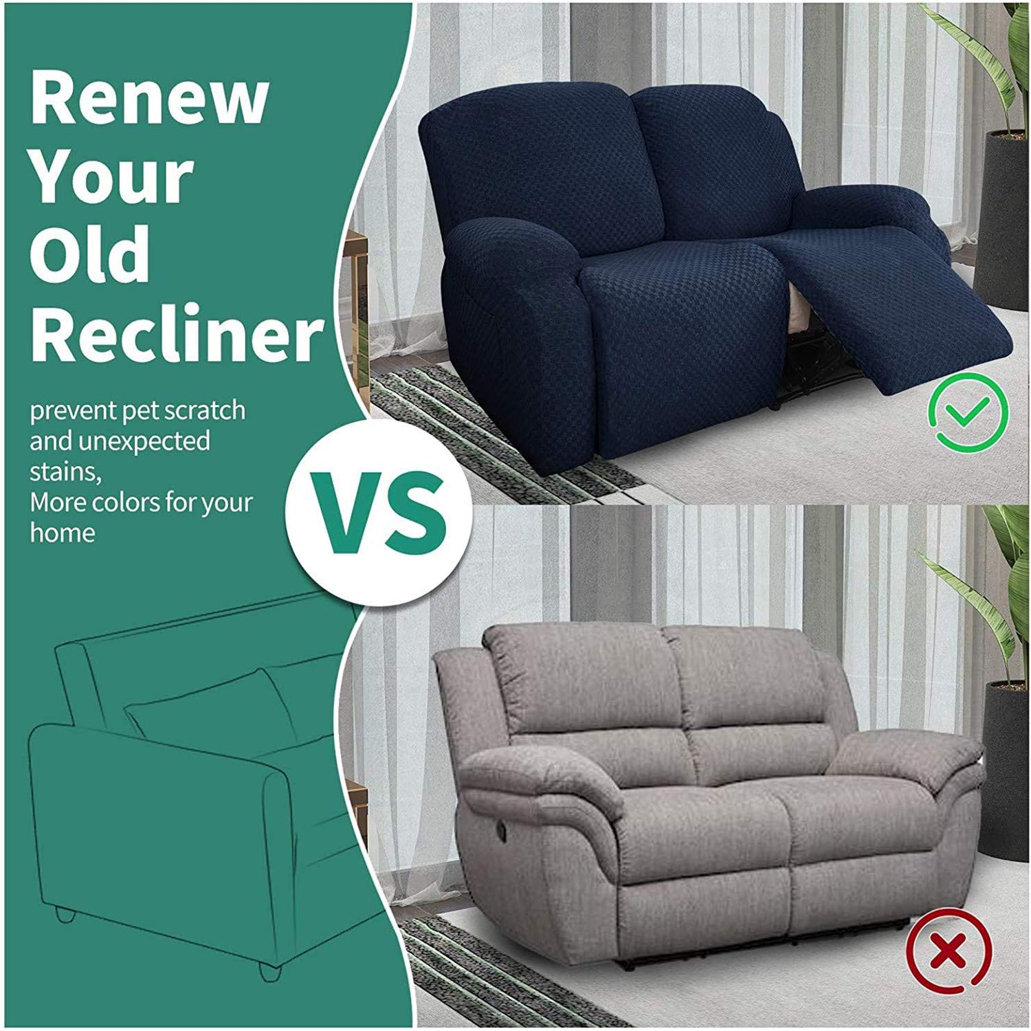 6-Stück Karierter Jacquard-Strickstoff Schnittsofa-Recliner Schonbezüge 2 Sitzplätze Couchbezug Waschbarer Möbelschutz Für Kinder Haustier (Navy)