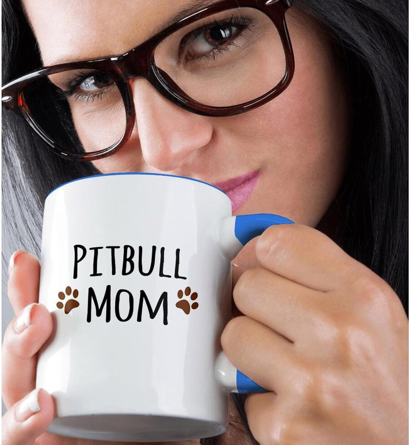 3dRose (mug_154172_6) Pitbull Dog Mom - Doggie by breed - muddy brown paw prints - doggy lover - proud pet owner mama love - Two Tone Blue Mug, 11oz - Image 2