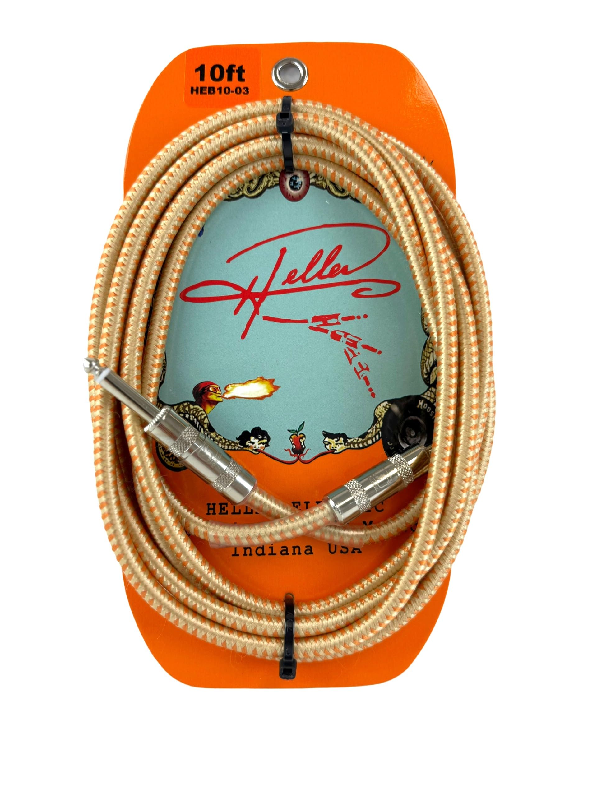 Heller Câble de guitare électrique à matrice tressée, 3 m, doré/mandarine, prises droites à droites de 6,35 mm, 20 AWG OFC, 99 % blindé, professionnel