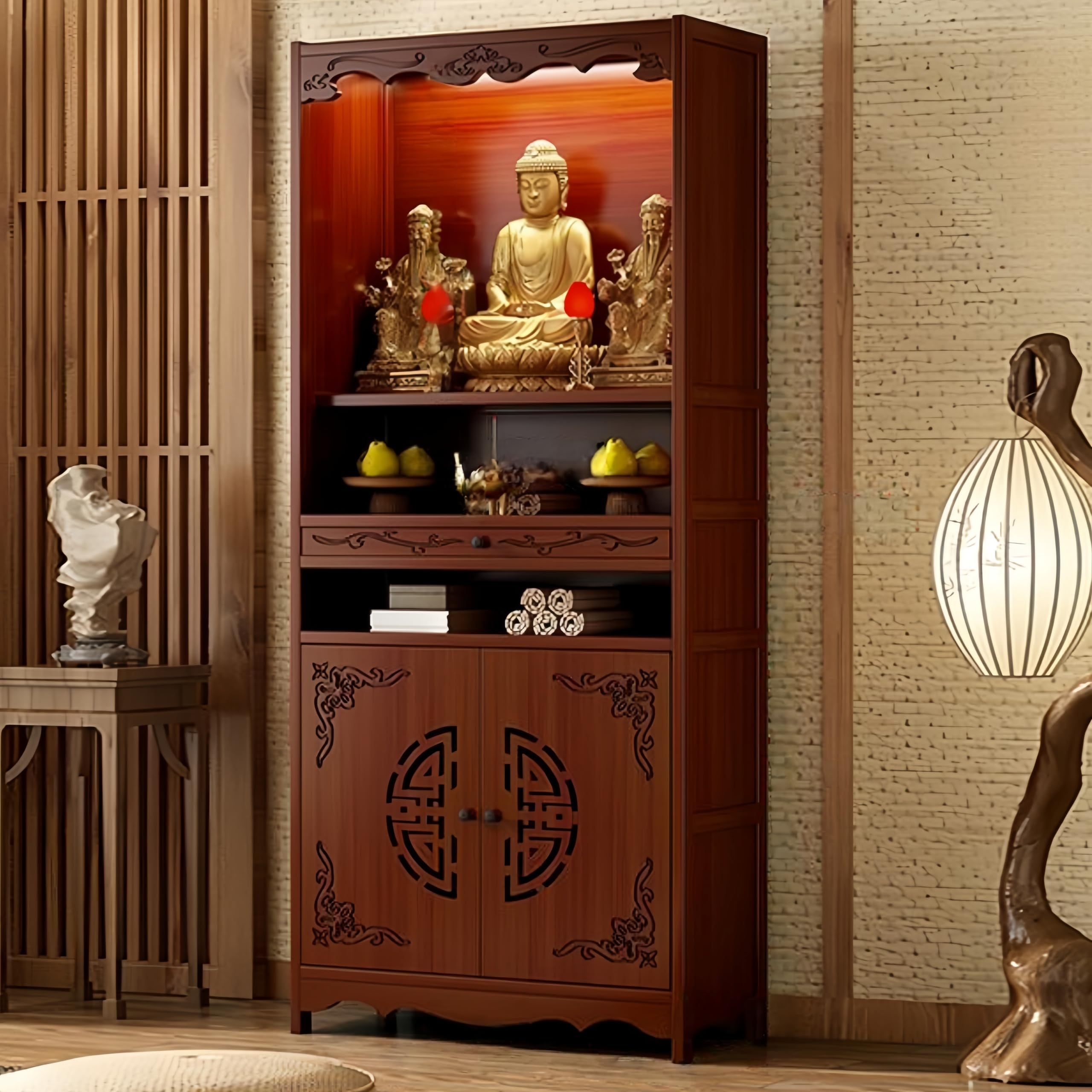 NHPJFDC Meditation Altar Table with Storage Drawer,Chinese Buddhist Shrine Cabinet,Personal Prayer Altar Table,Bamboo Pedestal for Temples and Homes 53cm/20.11in