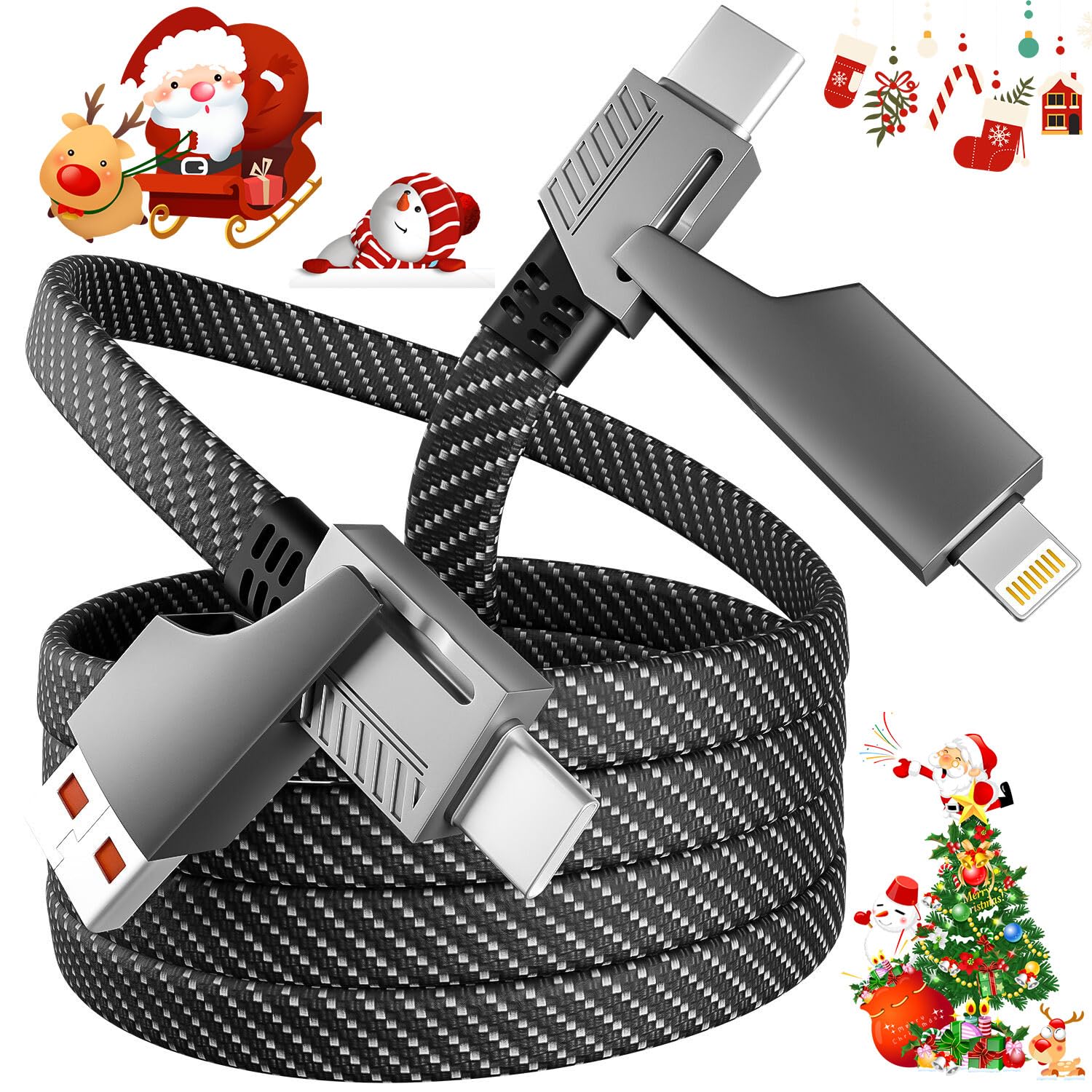 4 in 1 Charging Cable Fast Charging 65W, USB C Cable 4-in-1 USB Multi Charging Cable with E-Mark Chip, Multiple iPhone Charger Cord for iPhone 16/15/14/13 Series/Pad/Android/Tablets and More(4FT)