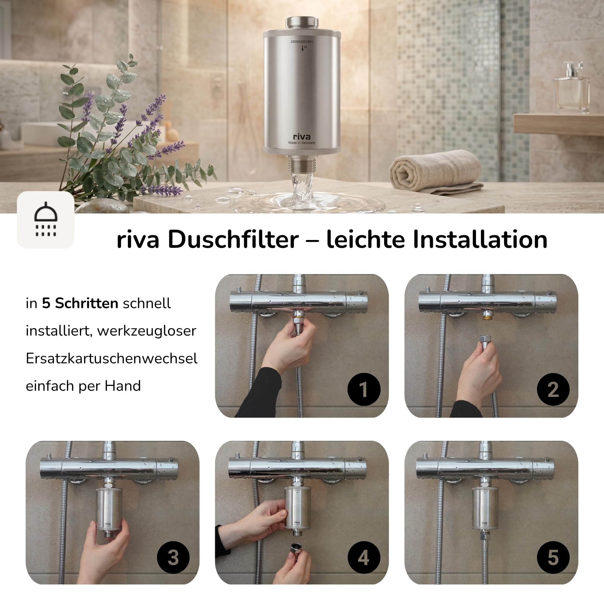 rivaALVA Skin & Hair EM SLIM Edelstahl Duschfilter - Wasserfilter mit Blockaktivkohle und EM-Keramik - Filterung von Schwermetallen, Chlor