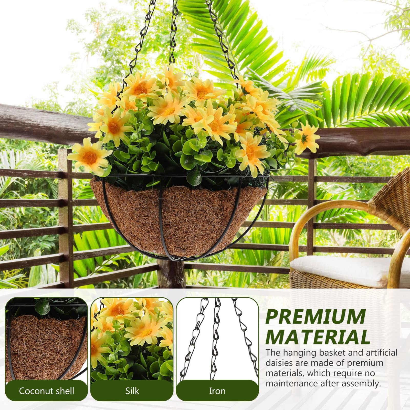 Fiori Artificiali Da Appendere In Cesto – Decorazione Per Giardino E Prato, 30,5 Cm, Cesto In Cocco Con Margherite Rosse, Viola, Gialle